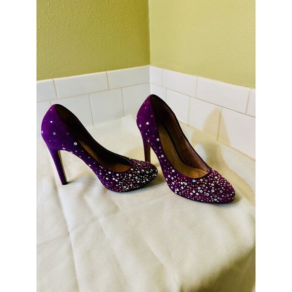 Vince Camuto’s Purple Rhinestone Studded Heels Suede - Picture 5 of 9